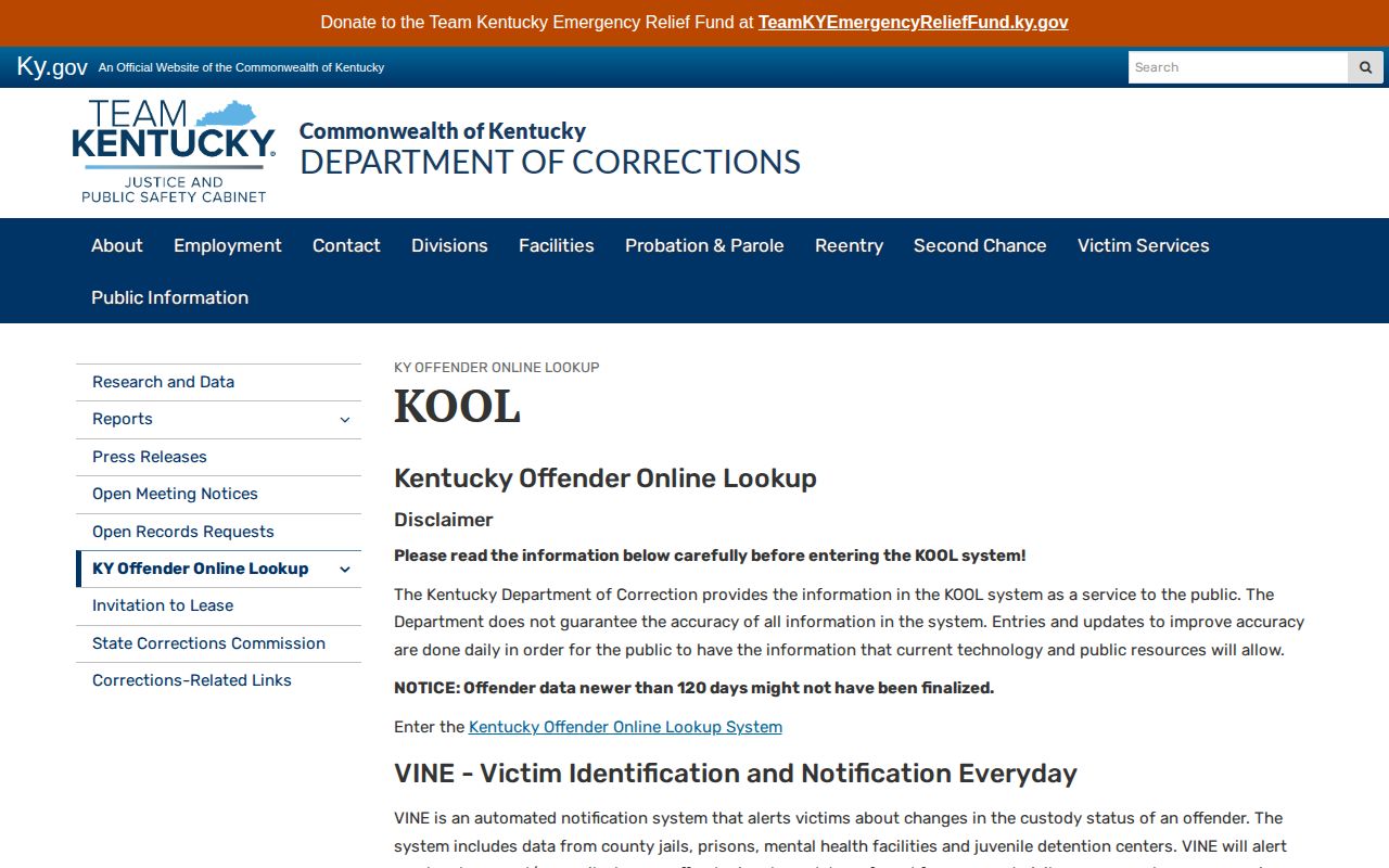 Kentucky corrections KOOL search for Fulton County offender records
