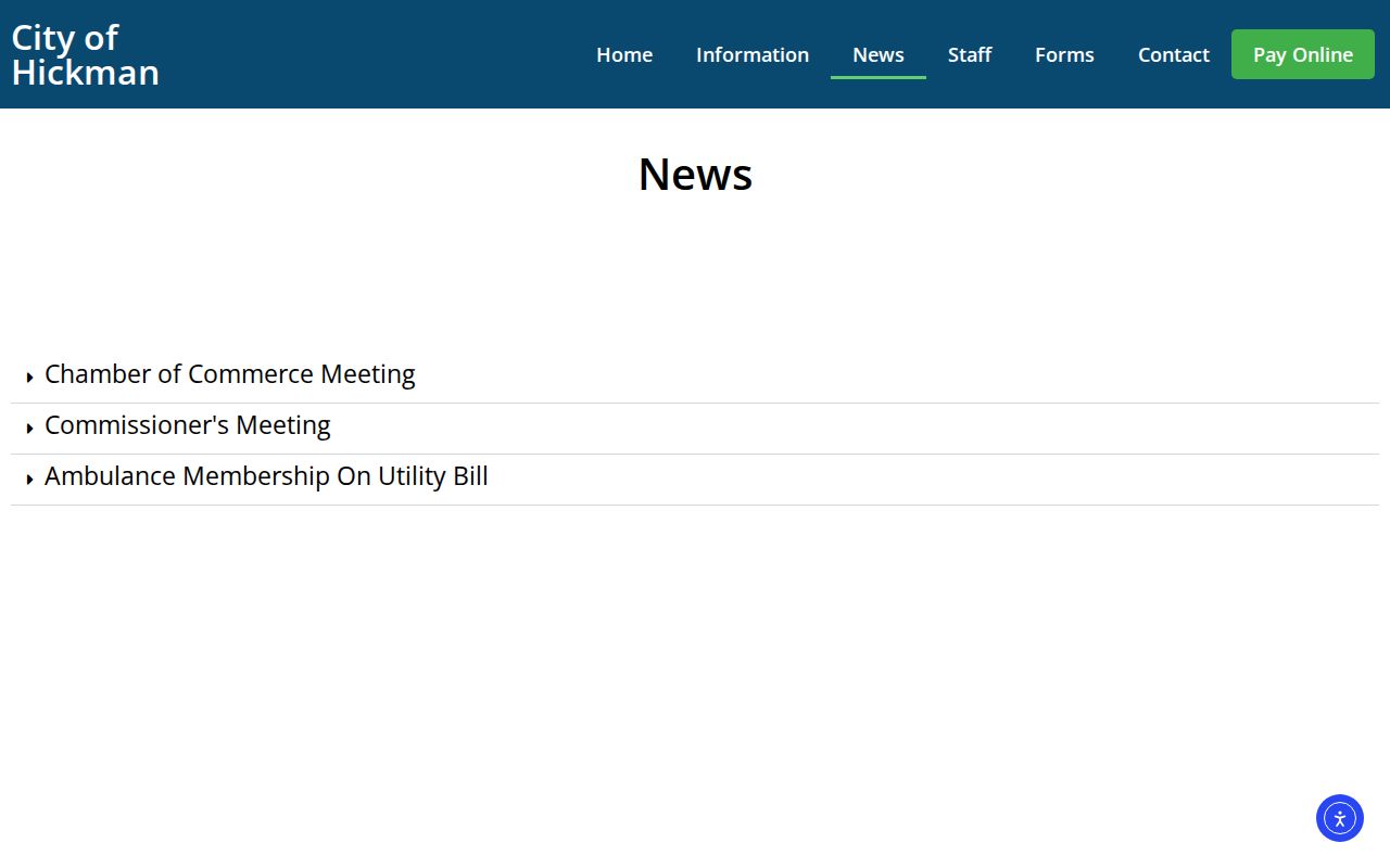 Official Hickman news page with municipal notices rather than a booking blotter